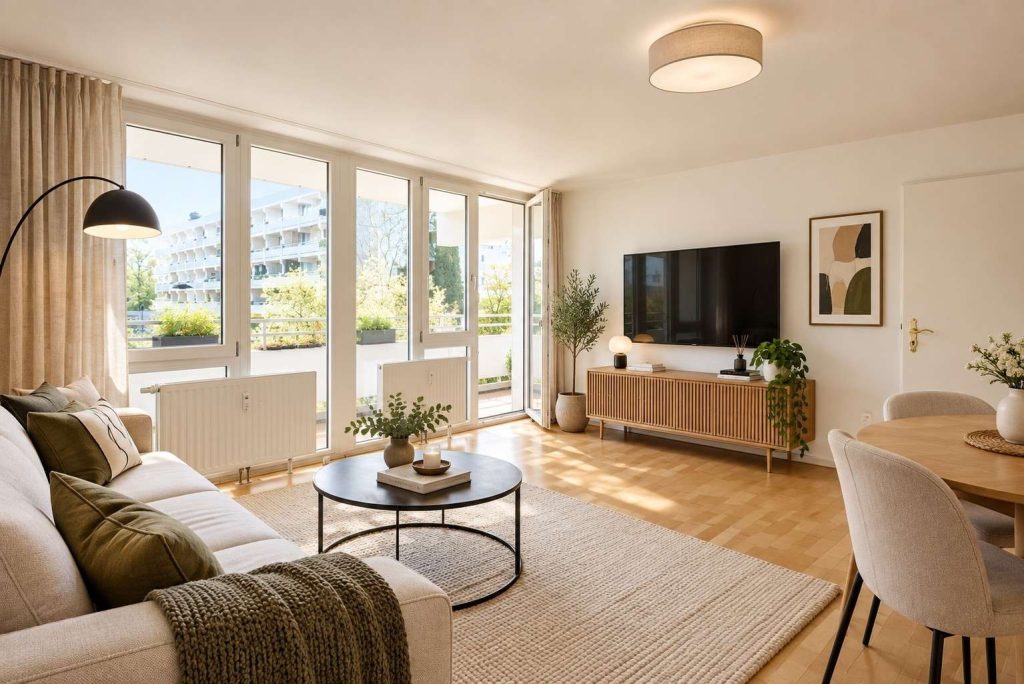 Wohnzimmer, KI generierter Gestaltungsvorschlag 